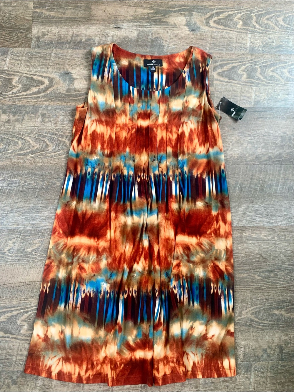 Tie-Dye Print Boho Fall  Sleeveless Shift Dress in Rust & Blue